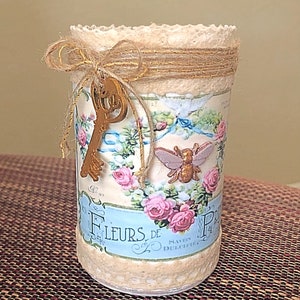 Upcycled Shabby Chic Tin Can: French Floral Bee & Key Decor
