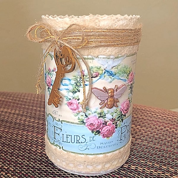 Upcycled Shabby Chic Tin Can: French Floral Bee & Key Decor
