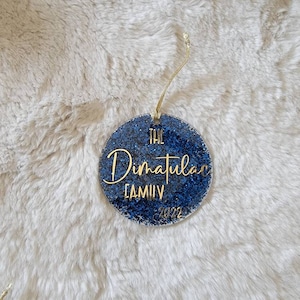 Personalized navy blue glitter and gold ornament