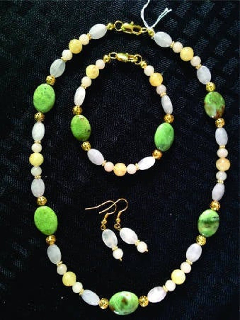 Opal Moonstone Necklace Set Green White Natural Gemstones Bracelet Earrings Handmade NV Gift Birthday Anniversary Wedding October Birthstone