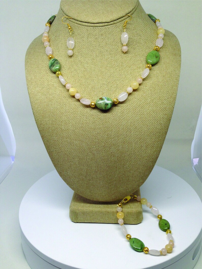 Opal Moonstone Necklace Set Green White Natural Gemstones Bracelet Earrings Handmade NV Gift Birthday Anniversary Wedding October Birthstone