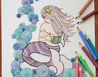 Mermaid Breastfeeding Coloring Page - DIGITAL DOWNLOAD - Birth art, Adult coloring, Mermaid, Mandala, Coloring page, Breastfeeding Mermaid