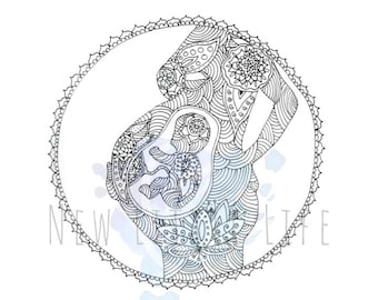 Pregnancy Coloring Page - DIGITAL DOWNLOAD - Birth art, Adult coloring, Birth affirmations, Mandala, Coloring page, Black and White