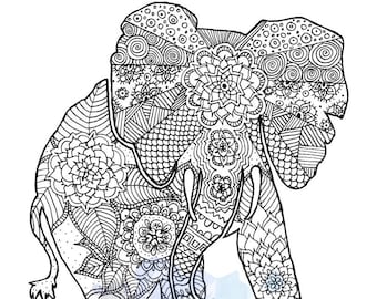 Elephant Coloring Page - DIGITAL DOWNLOAD - Adult coloring, Mandala, Coloring page, Black and White Elephant, Elephant art, Elephant