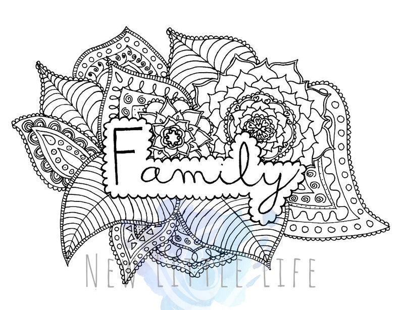 Family Coloring Page DIGITAL DOWNLOAD Mandala Art, Adult Coloring