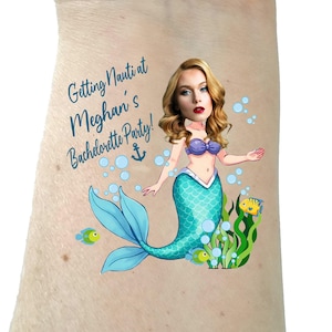 Bachelorette tattoo, Bachelorette party tattoo, Groom face, custom tattoo, face tattoo, mermaid, Bride tattoo,  party favors groom get nauti