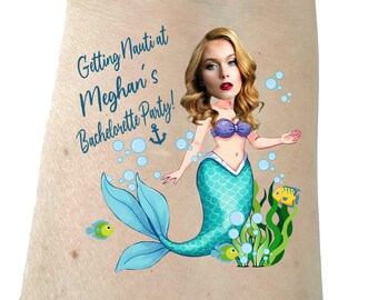 Bachelorette tattoo, Bachelorette party tattoo, Groom face, custom tattoo, face tattoo, mermaid, Bride tattoo,  party favors groom get nauti