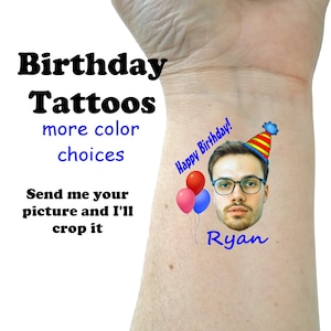 Birthday tattoos temporary tattoos  21st birthday tattoos custom tattoo personalized tattoos face tattoo, party favors party hat balloons