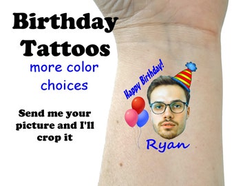 May include: A temporary tattoo with a person's face, a party hat, balloons, and the text "Happy Birthday!" and "Ryan".