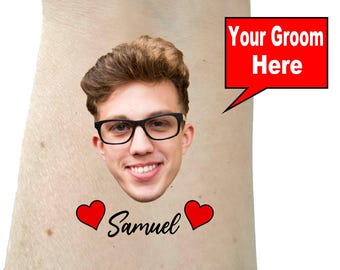 Bachelorette tattoos, Bachelorette party tattoos, Groom face, custom tattoo, face tattoo, picture tattoo, Bride tattoo,  party favors groom