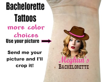 May include: A temporary tattoo with a woman's face wearing a brown cowboy hat with a pink band. The text "Meghan's Bachelorette" is below the image.