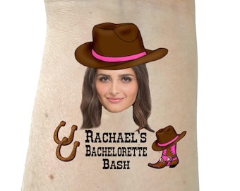 May include: A temporary tattoo with a brown cowboy hat, a woman's face, two brown horseshoes, and the text "Rachael's Bachelorette Bash".
