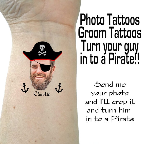 Bachelorette tattoos, Bachelorette party tattoos, Groom face, custom tattoo, face tattoo, picture tattoo, Bride tattoo,  party favors pirate
