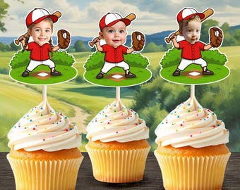 Baseball Cupcake Toppers, Personalized Cupcake Toppers, Head on a Stick  Party Decoration,  Custom Birthday Party Cupcake Toppers Baby Face