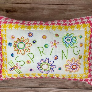 Spring Pillow, Spring Embroidery, Embroidery, Completed Embroidery, Finished Embroidery, Dragonfly Embroidery, Pink Pillow, Purple Pillow