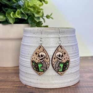 Halloween Skeleton Earrings, Halloween Earrings, Spooky Season, Halloween Jewelry, Dangle Earrings, Bookish Gifts, Wooden Skeleton Earrings