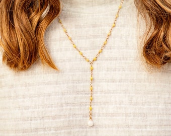 Jade Bead and 14k Gold Filled Wire Lariat Necklace, Rosary Style Chain Necklace, Stone Wire Wrapped, Stone Bead Lariat, Teen Birthday Gift