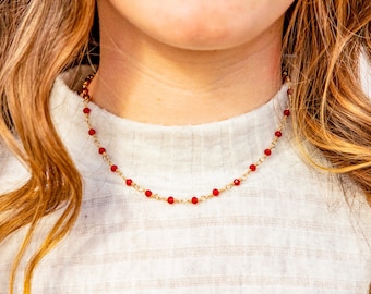 Red Glass Beads and 14K Gold Filled Wire Necklace, Rosary Style Chain Necklace, Glass Beads Wire Wrapped, Glass Beaded Choker, Gift For Her