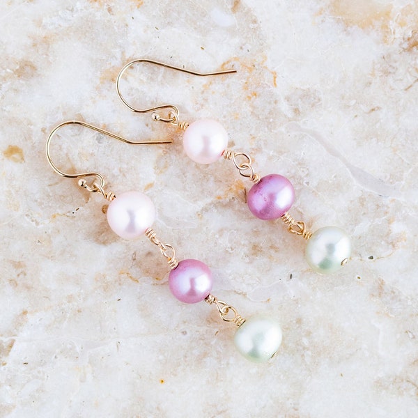 Colorful Triple Freshwater Pearl and 14k Gold Filled Dangle Earrings, Pearl Drop Earrings, Gold Pearl Earrings,Three Pearl Earrings,Colorful