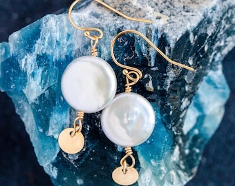 Coin Pearl and 14k Gold Filled Circle Earrings, Real Freshwater Pearl Earrings, Bridal Earrings, Christmas Gift, Gift For Her