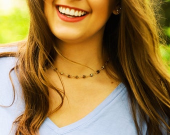 Luster Hematite and 14K Gold Filled Wire Necklace, Rosary Style Chain Necklace,Stone Wire Wrapped,Stone Beaded Choker,Birthday Gift for Teen