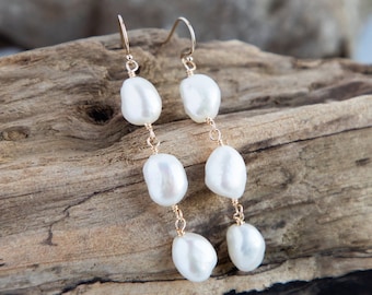 Triple Freshwater Pearl and 14k Gold Filled Dangle Earrings, Baroque Pearl Earrings,Gold Pearl Earrings,Bridal Earrings,Three Pearl Earrings