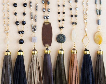 Various Styles of Brown, Black and Tan Genuine Leather Tassel Necklaces with Gold Toned Chain