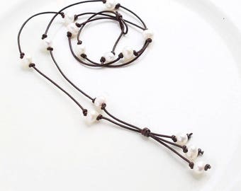 Freshwater Pearl and Leather Lariat Necklace, Leather and Pearl Necklace, Boho Jewelry, Gift For Her, Real Freshwater Pearl Necklace