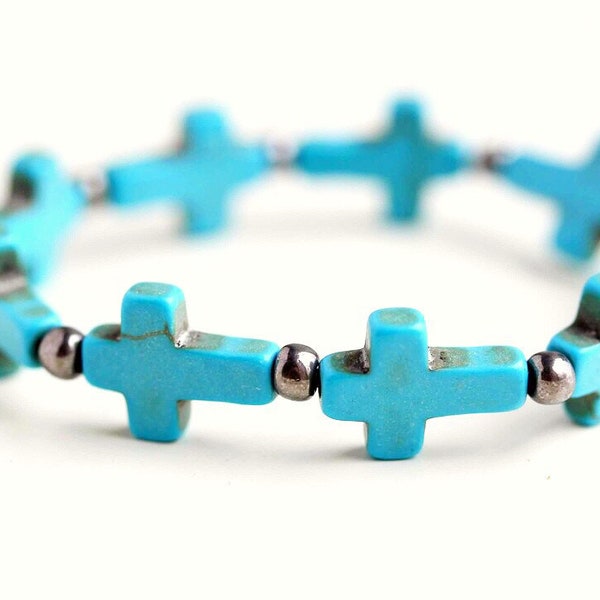 Turquoise Blue Stone Cross and Gray Bead Stretchy Bracelet, Cross Stretch Bracelet, Stacking Cross Bracelet,Faith Bracelet,Christian Jewelry