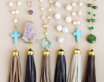 Various Styles of Blue, Purple and Green Leather Tassel Necklaces