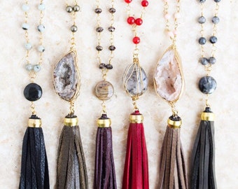 Various Styles of Leather Tassel Necklaces with Gold Toned Chain