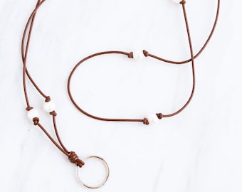Freshwater Pearls and Leather Lanyard, Gift for Teacher, Leather and Pearl Lanyard Necklace, Key Fob Badge Holder, Leather Lanyard for Women