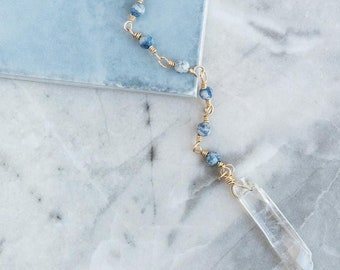 Jasper Beads and 14K Gold Filled Lariat Necklace, Rosary Style Chain Necklace, Stone Wire Wrapped, Stone Beaded Choker, Gift For Her