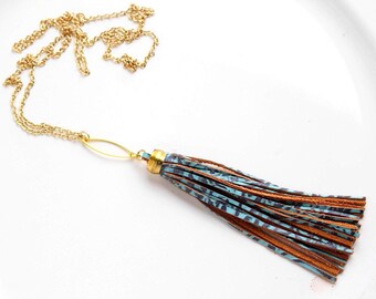 Long Blue and Brown Leather Tassel and Gold Pendant Necklace with Gold Toned Chain