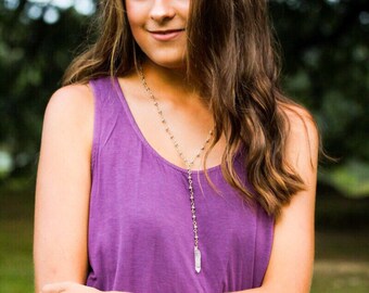 Lavender Gray Glass Beads and 14K Gold Filled Wire Lariat Necklace, Rosary Style Chain Necklace, Glass Bead Wire Wrapped,Glass Beaded Choker