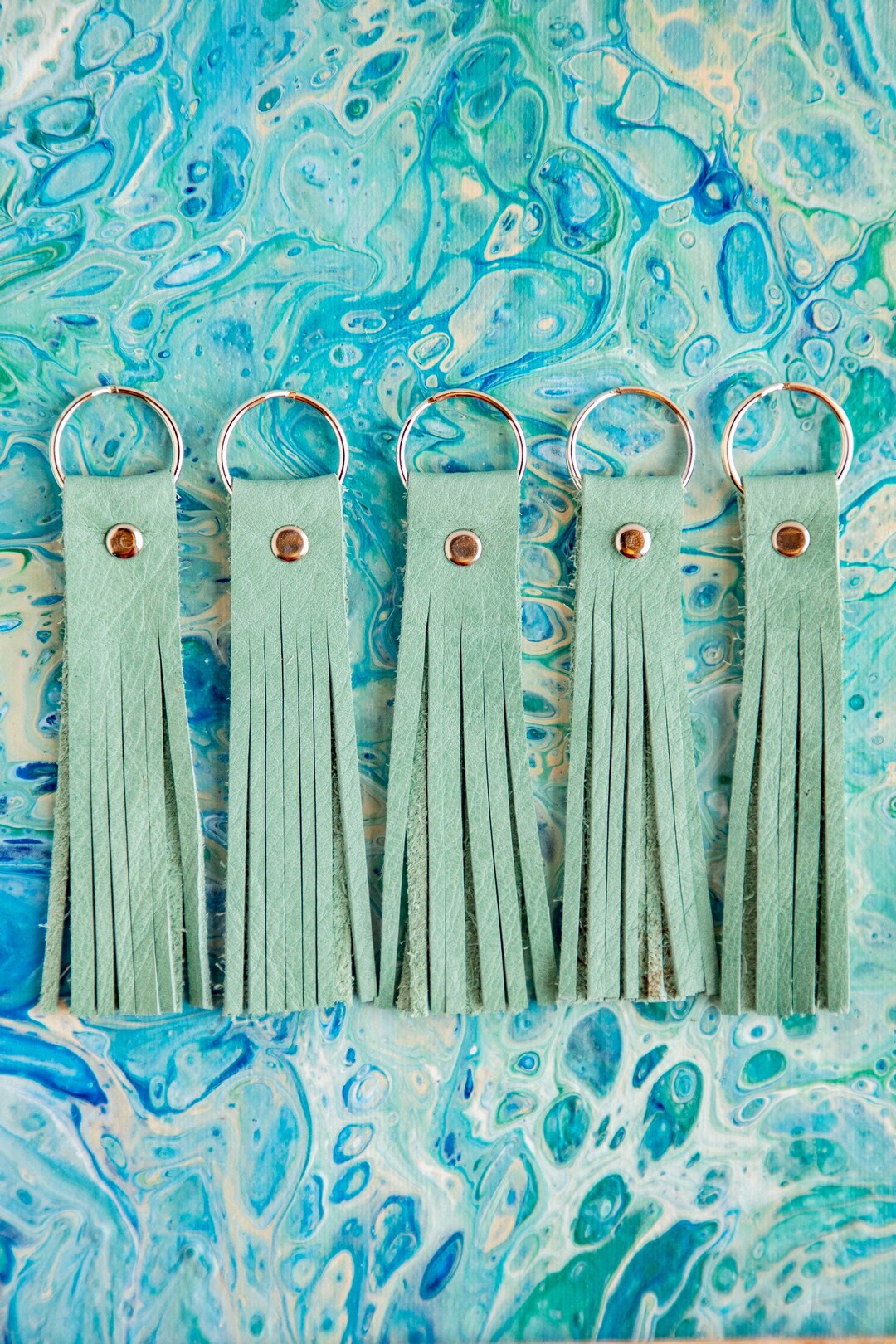 Turquoise Blue Leather Tassel Keychain, Tassel Keyring, Leather Keyring