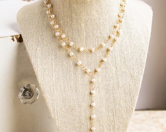 Thin White Freshwater Pearls and 14K Gold Filled Wire Lariat Necklace, Rosary Style Chain Necklace, Pearl Wire Wrapped, Pearl Beaded Lariat