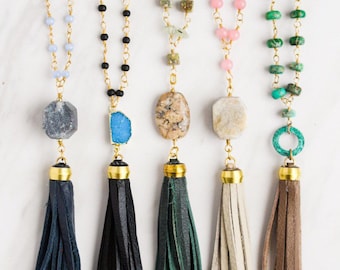 Various Styles of Leather Tassel Necklaces with Gold Toned Chain