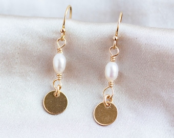 Freshwater Pearl and 14k Gold Filled Disc Drop Earrings, Pearl Drop Earrings, Gold Pearl Earrings, Mothers Earrings, Christmas Gift For Her