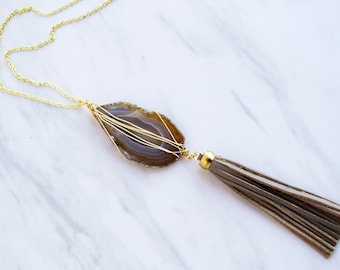 Long Brown Leather Tassel and Agate Slice Necklace with Gold Toned Chain