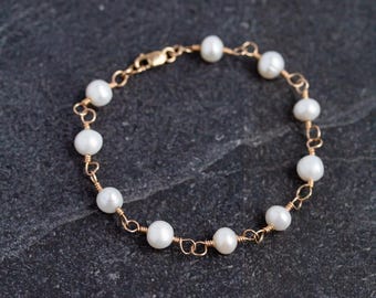 Circular White Freshwater Pearls and 14K Gold Filled Wire Bracelet, Natural Freshwater Pearl Beads Chain, Pearl Rosary Style Chain Bracelet
