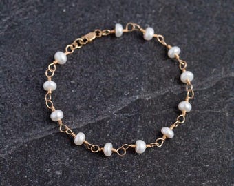 Thin White Freshwater Pearls and 14K Gold Filled Wire Bracelet, Natural Pearl Beads Chain, Pearl Rosary Chain, Rosary Style Chain Bracelet