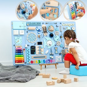 Personalized Montessori Busy Board: Wooden Sensory Toy, Baby Toddler Gift