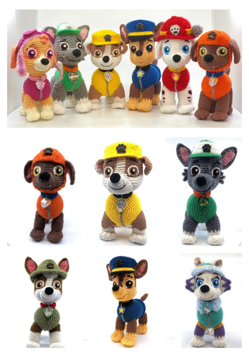 Op de afbeelding: Een verzameling gehaakte pluche speelgoed van de personages uit de kinderserie Paw Patrol. De personages zijn Chase, Marshall, Skye, Rocky, Zuma, Rubble en Everest. De speelgoedjes dragen allemaal hun kenmerkende uniformen en hoeden.