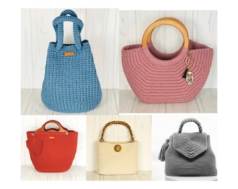 May include: Four crocheted handbags in different colours and styles. The first is a light blue tote bag with a wooden handle. The second is a pink half-circle bag with a wooden handle. The third is a red tote bag with a wooden handle. The fourth is a grey tote bag with a wooden handle.