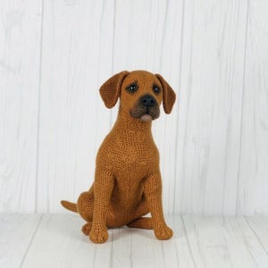 Puede incluir: Una figura de perro de ganchillo marrón en posición sentada. El juguete presenta una superficie de hilo texturizado, ojos redondos oscuros, una nariz negra y orejas caídas. El perro está elaborado con puntadas detalladas en todo el cuerpo, capturando una forma canina realista con una expresión neutral y una pequeña cola visible en el lado izquierdo.