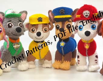 Paw Patrol crochet pattern (Chase, Zuma, Rocky, Rubble, Skye, Marshall, Tracker and Everest) (English), PDF format.