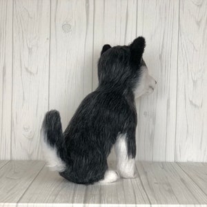 May include: A black and white plush husky dog sitting on a white wood shelf. The dog is looking to the right.