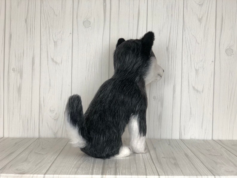 May include: A black and white plush husky dog sitting on a white wood shelf. The dog is looking to the right.