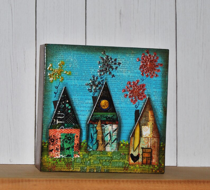 Mixed Media Houses Collage on Art Board Original Pressed Etsy